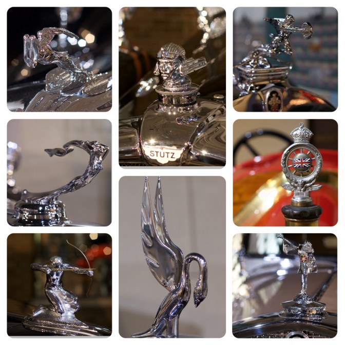 Collage of eight hood ornaments.