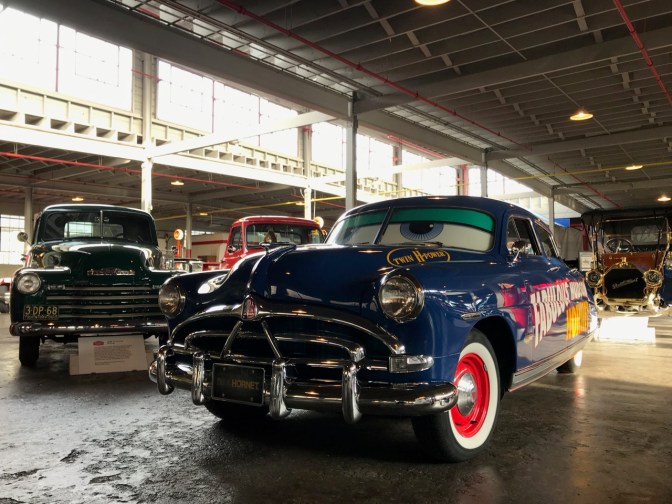 Blue Hudson Hornet with eyes drawn in front window.