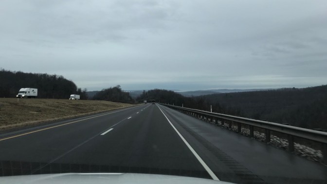 View of rolling hills and mountains along I-80 in Pennsylvania.