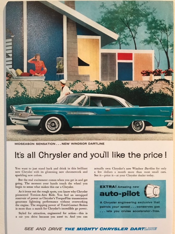 Print ad for Chrysler Windsor Dartline car, including a blurb about "auto-pilot" cruise control feature.