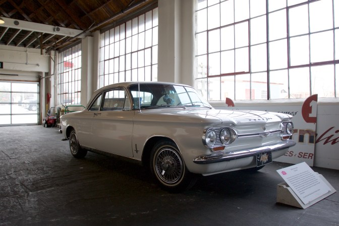 White 1964 Chevrolet Corvair.