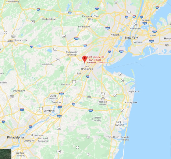 Map of New Jersey with red pin in location of East Jersey Old Town Village in Piscataway.