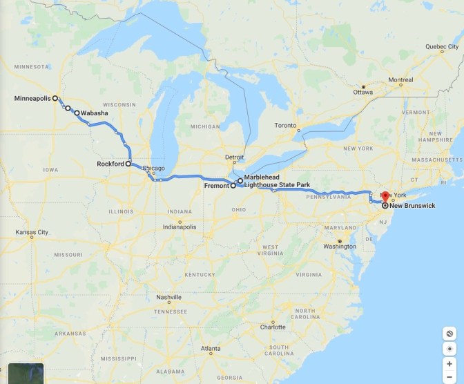 Map of eastern half of United States, with blue route line running fro Minneapolis, Minnesota to New Brunswick, New Jersey.