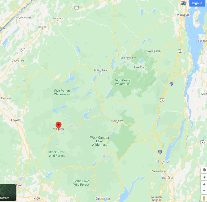 Map of Adirondack State Park with red pin in location of Old Forge, NY.
