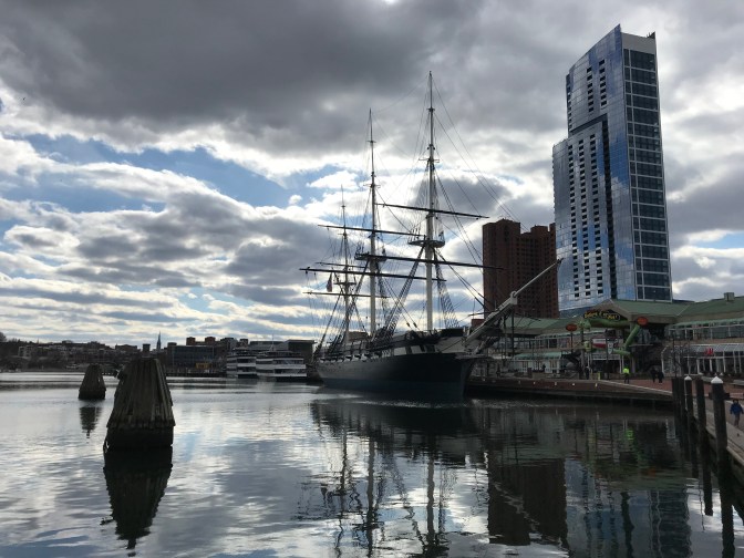 View of USS Constellation docked in Inner Harbor.