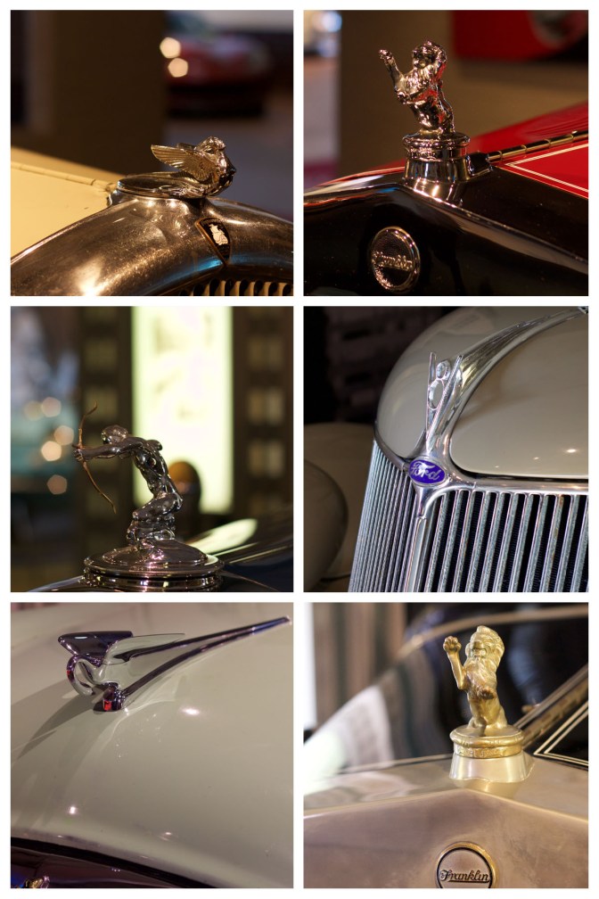 Collage of six hood ornaments from Franklin, Packard, Ford, and Plymouth.