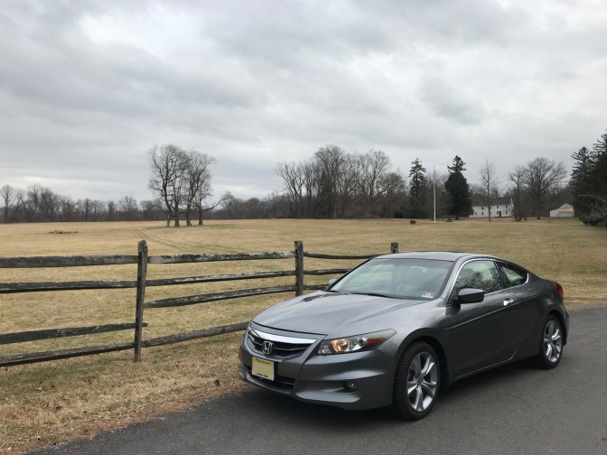 2012 Honda Accord coupe, parked in front of Princeton Battlefield.
