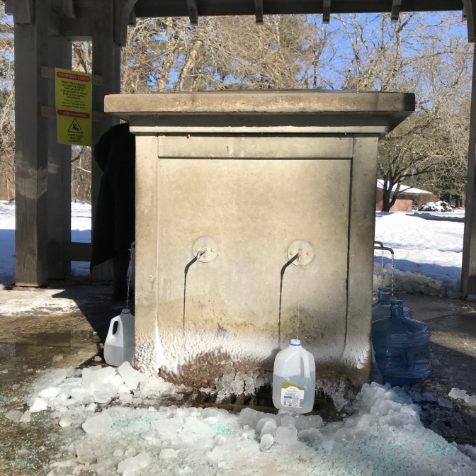 State Seal Spring with several taps with spring water filling jugs.