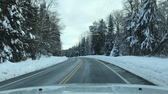 Snow-covered Route 28 in New York..