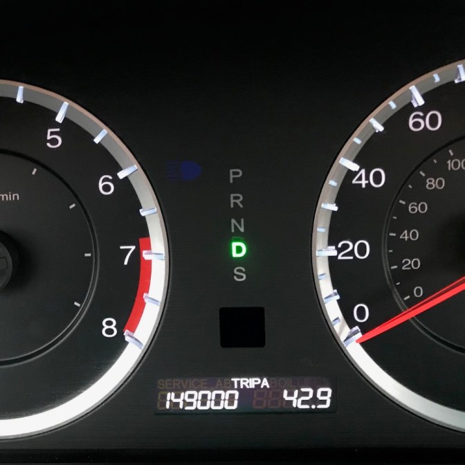 Car odometer reading 149000 TRIP A 42.9