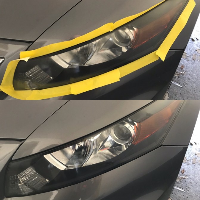 Two photos: top is of cloudy headlight on 2012 Honda Accord, surrounded by yellow masking tape. Bottom is same headlight, but clearer.