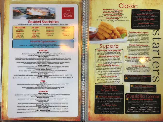 Menu opened- left side page says SAUTEED SPECIALITIES. Right side page says STARTERS with list of appetizers.