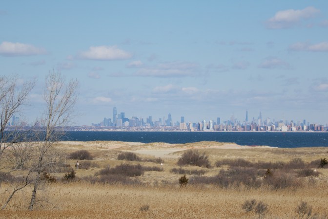 View of Manhattan skyline with bay and beach in foreground.