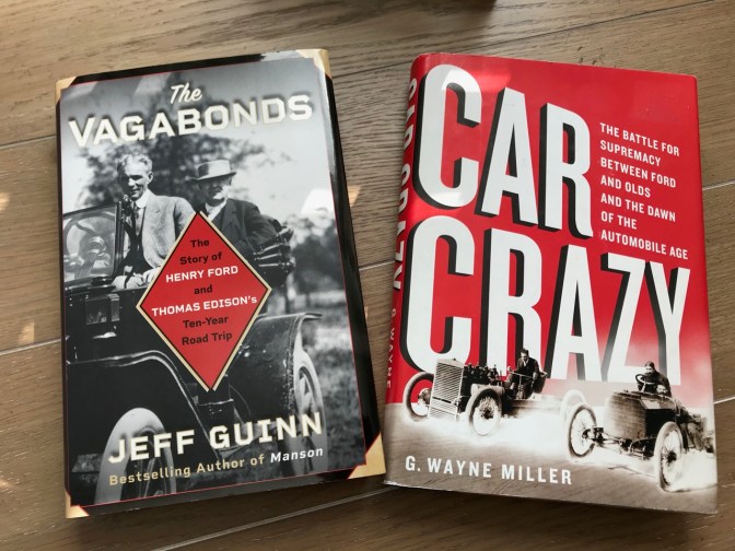 Two books. On left, "The Vagabonds" by Jeff Guinn and on the right "Car Crazy" by G. Wayne Miller.