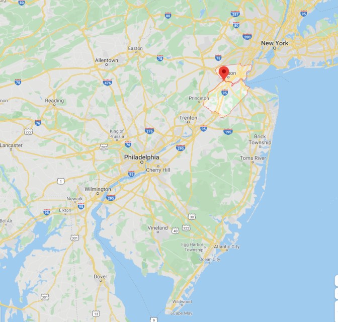 Map of New Jersey with highlight surrounded Middlesex County.