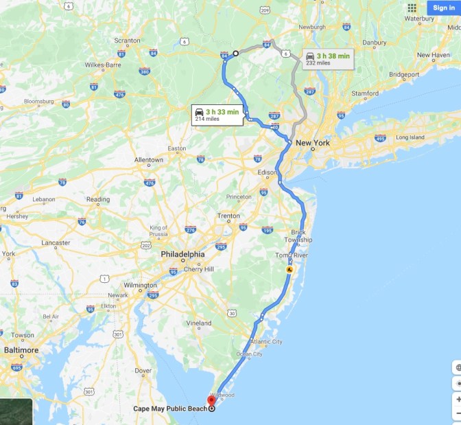 Map of New Jersey with blue route from Tri-States Monument in north of state to Cape May in south.