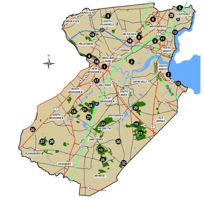 Map of Middlesex County with numbers indicating locations of parks throughout the map.