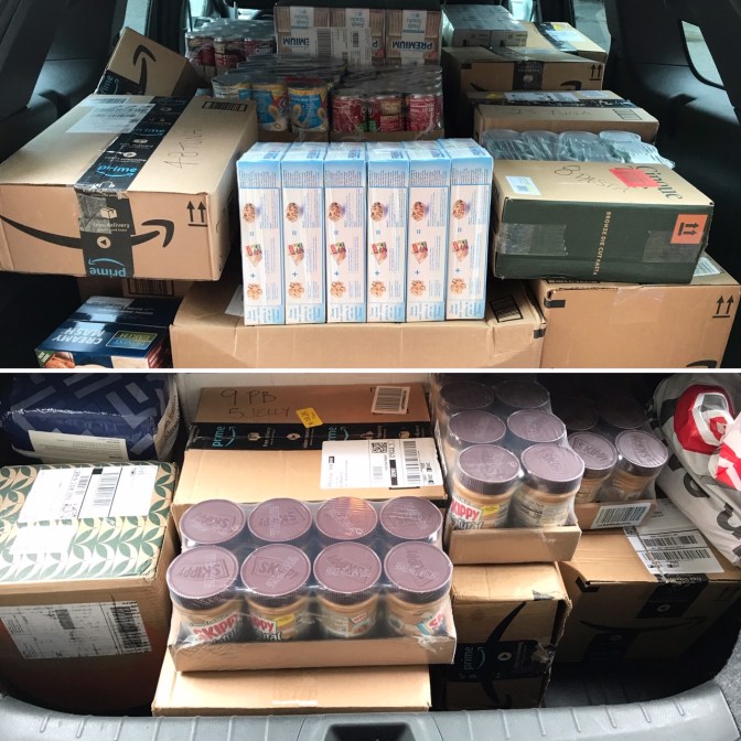 Trunk of 2012 Honda Accord and back of 2014 Jeep Grand Cherokee, both filled with packages of food. This is a split-image.