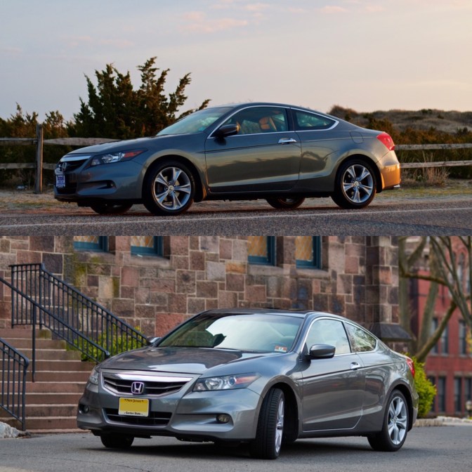 Split-screen photo with Honda Accord along beach road on top, and Honda Accord coupe parked beside stone building in bottom frame.