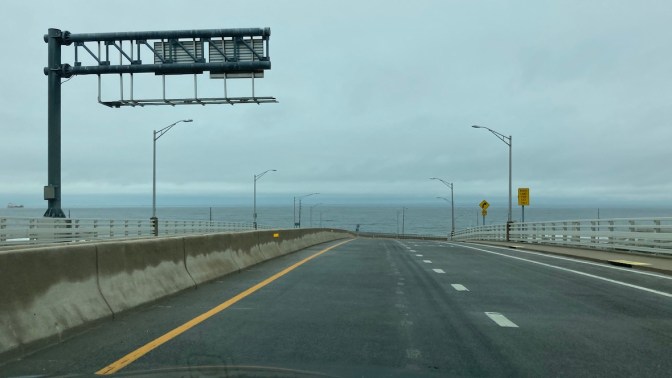 View of Atlantic Ocean from top of bridge on Route 36.