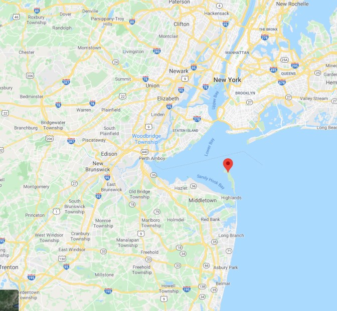 Map of New Jersey and New York, with red pin in location of Sandy Hook.