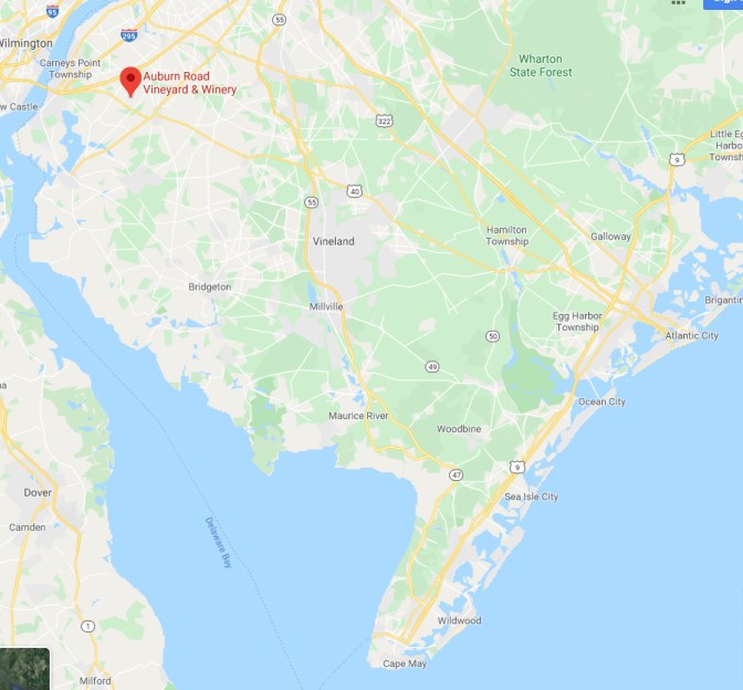 Map of southern New Jersey, with red pin in Auburn Road Vineyard location, near western coast of the state.