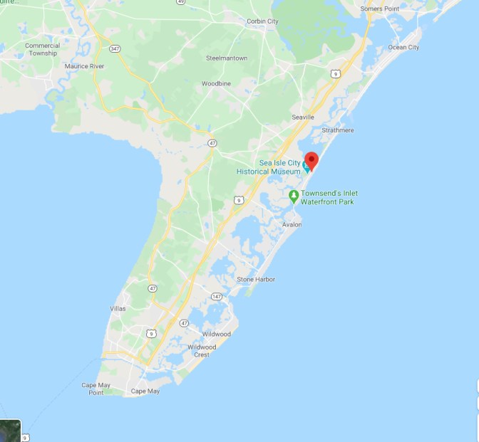 Map of southern New Jersey with red pin in location of Sea Isle City