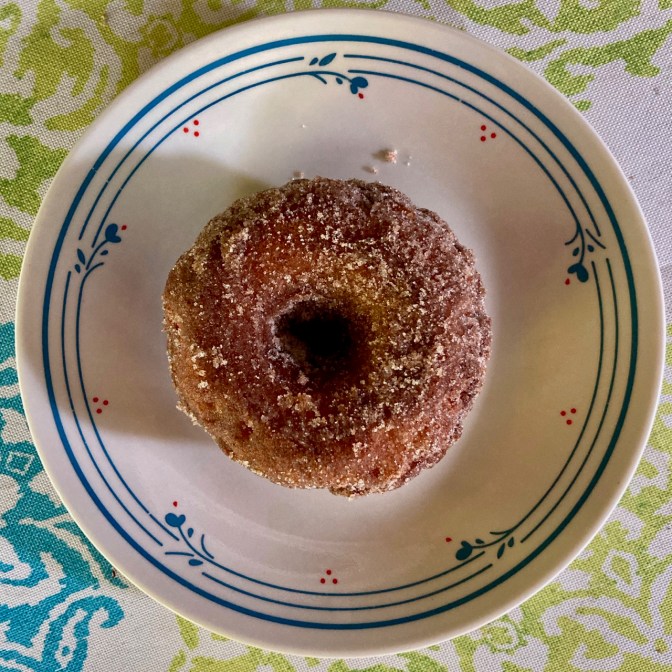Cinnamon donut on a plate.