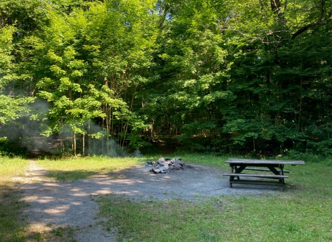 View of camp site with smoldering fire in stone pit. A picnic table is to the right.
