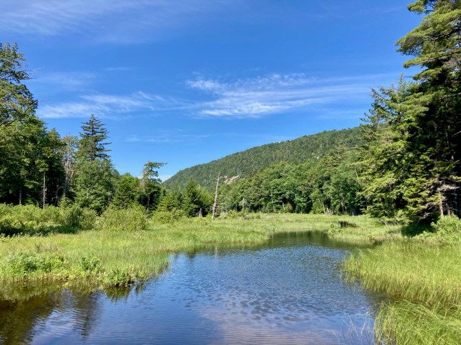 View of lake and mountain in background.
