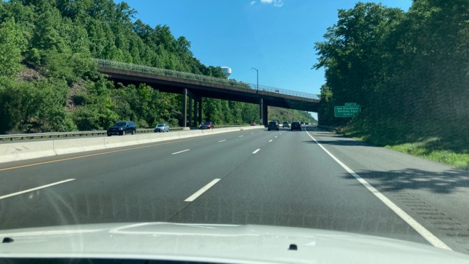 View of I-78 East from behind windshield of Jeep Grand Cherokee.