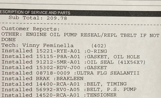 List of parts for oil seal repair on customer service write-up.