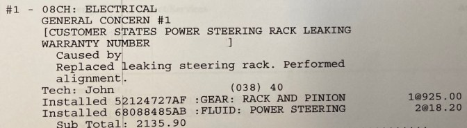 Write-up of customer order for power steering rack repair.