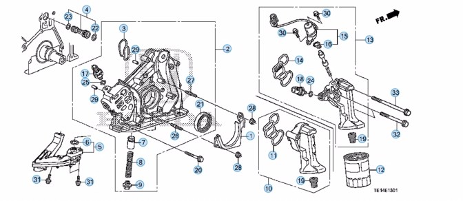 Diagram of all parts for oil pump and oil filter housing.