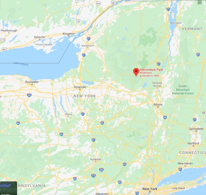 Map of New York state, with red pin in location of Adirondack Park.