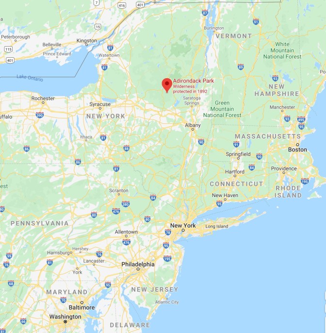 Map of northeastern United States, with red pin in location of Adirondack State Park.