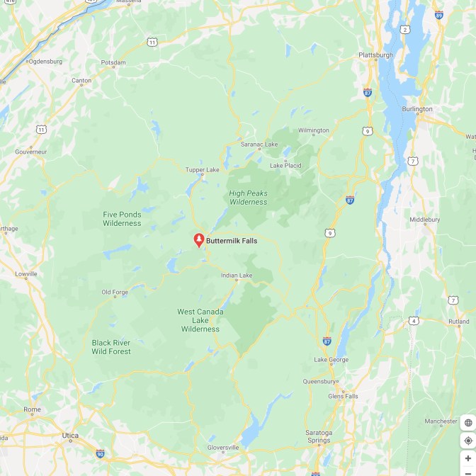 Map of Adirondack State Park with red pin in location of Buttermilk Falls.