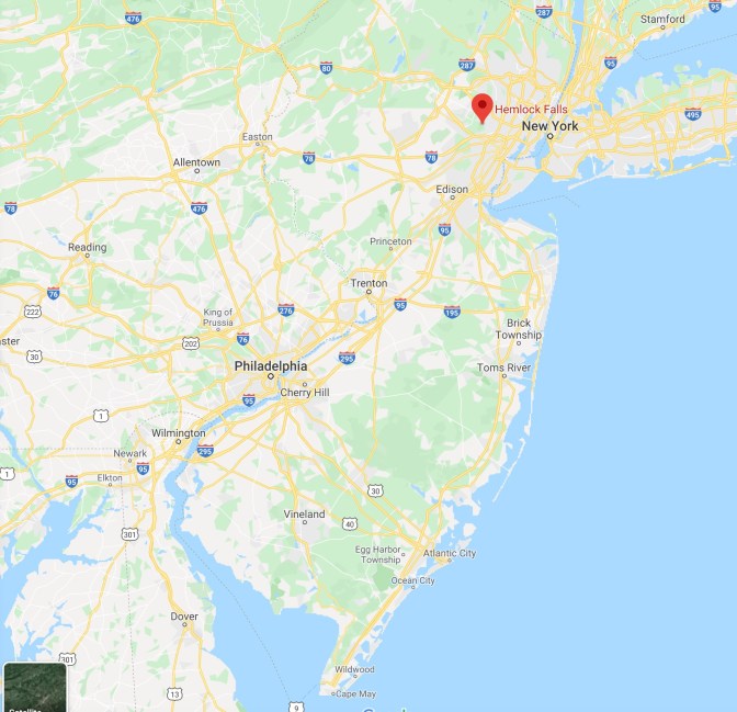 Map of New Jersey, with red pin in location of Hemlock Falls.