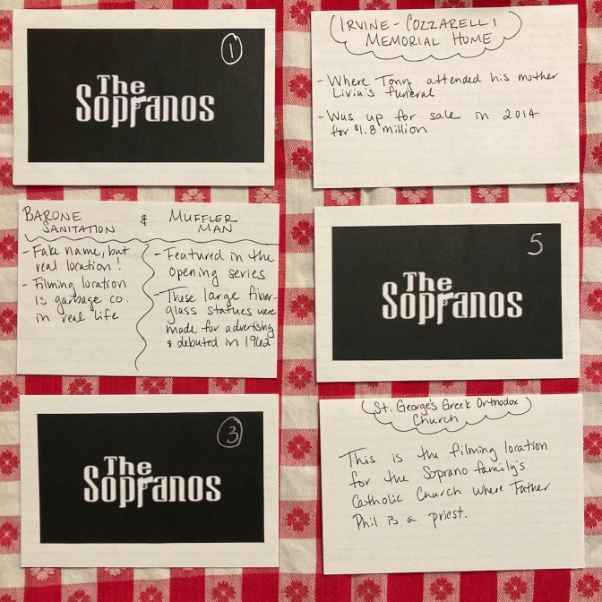 Six index cards with location information for the trip.