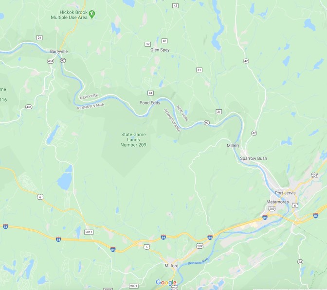 Map of southern New York with NY 97 highlighted in white.