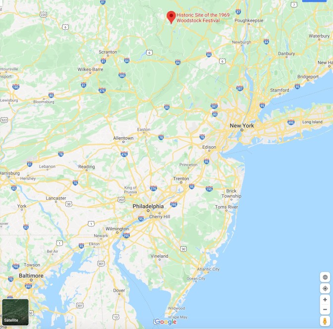 Map of New Jersey and southern New York, with red pin in location of Historic Site of the 1969 Woodstock Festival