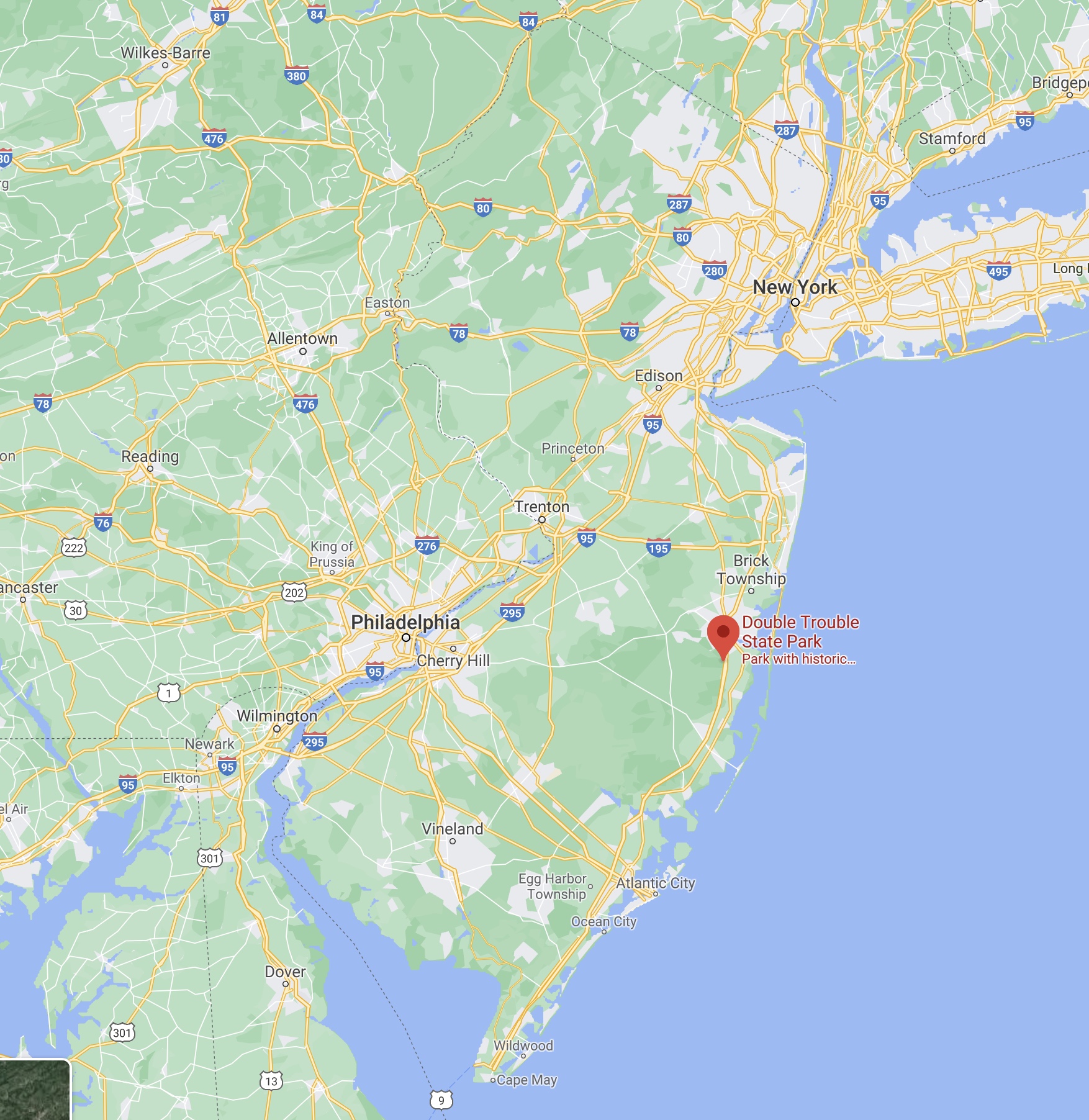 Map of NJ with red pin in location of Double Trouble State Park.
