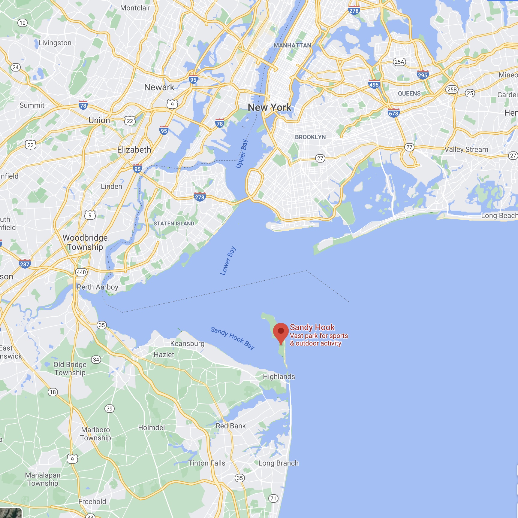 Map of Sandy Hook Park at Gateway National Recreation Area, and surround areas of NJ and NY.