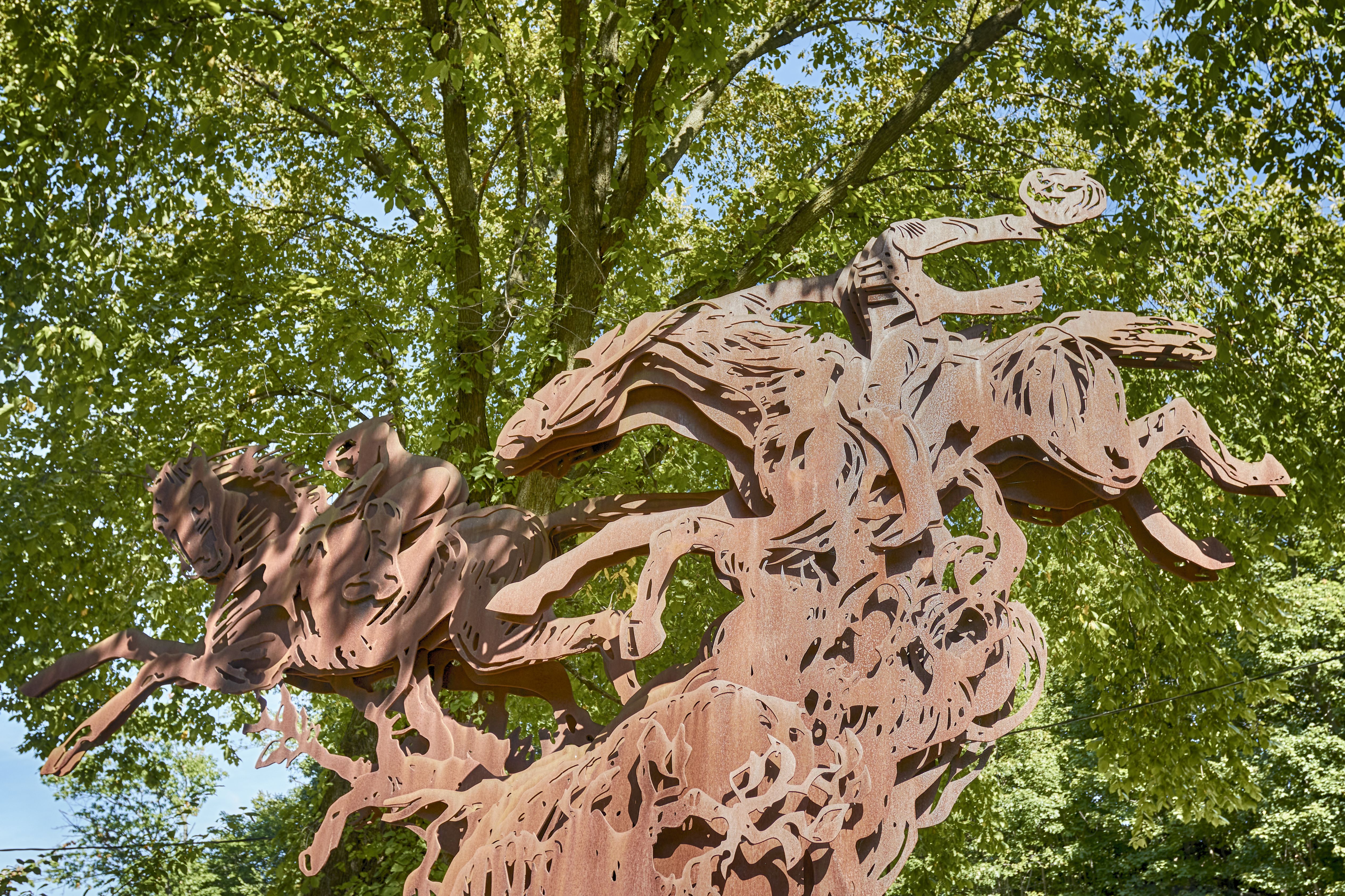Statue of Headless Horseman chasing Ichabod Crane.
