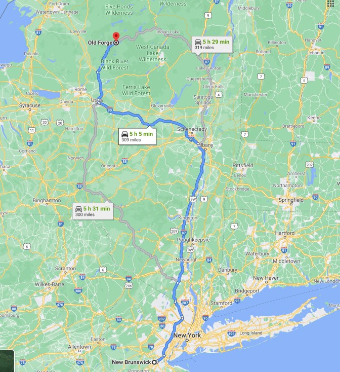 Map of New Jersey and New York with red pins in New Brunswick and Old Forge. A blue line highlights the route.