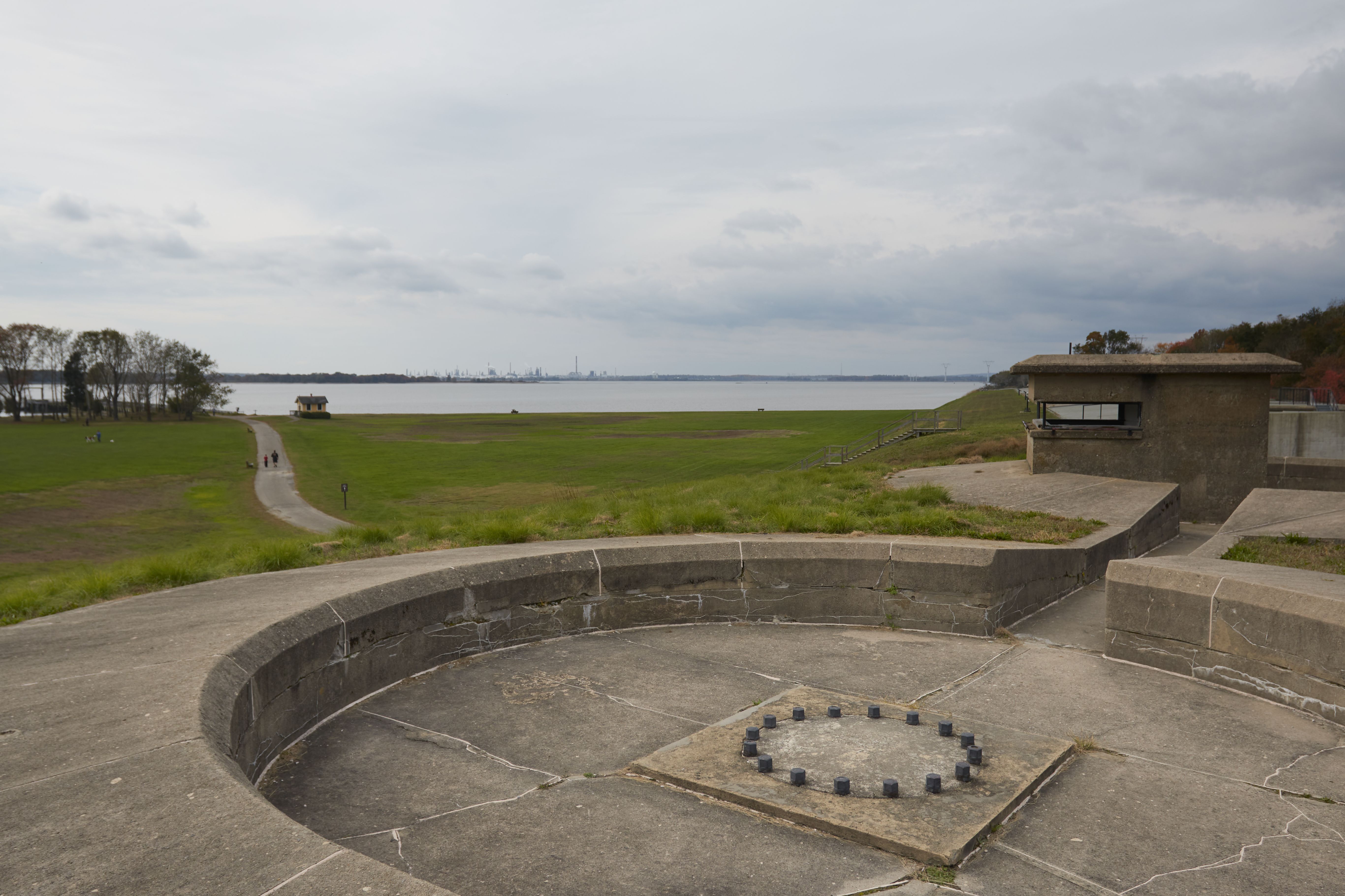 View from top of Battery Gregg, with empty gun emplacement and fire control tower.