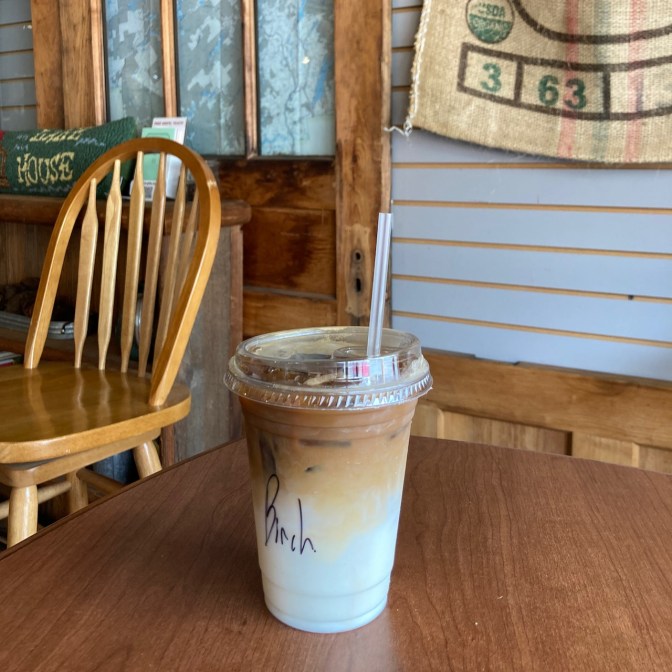 Birch iced coffee on table.