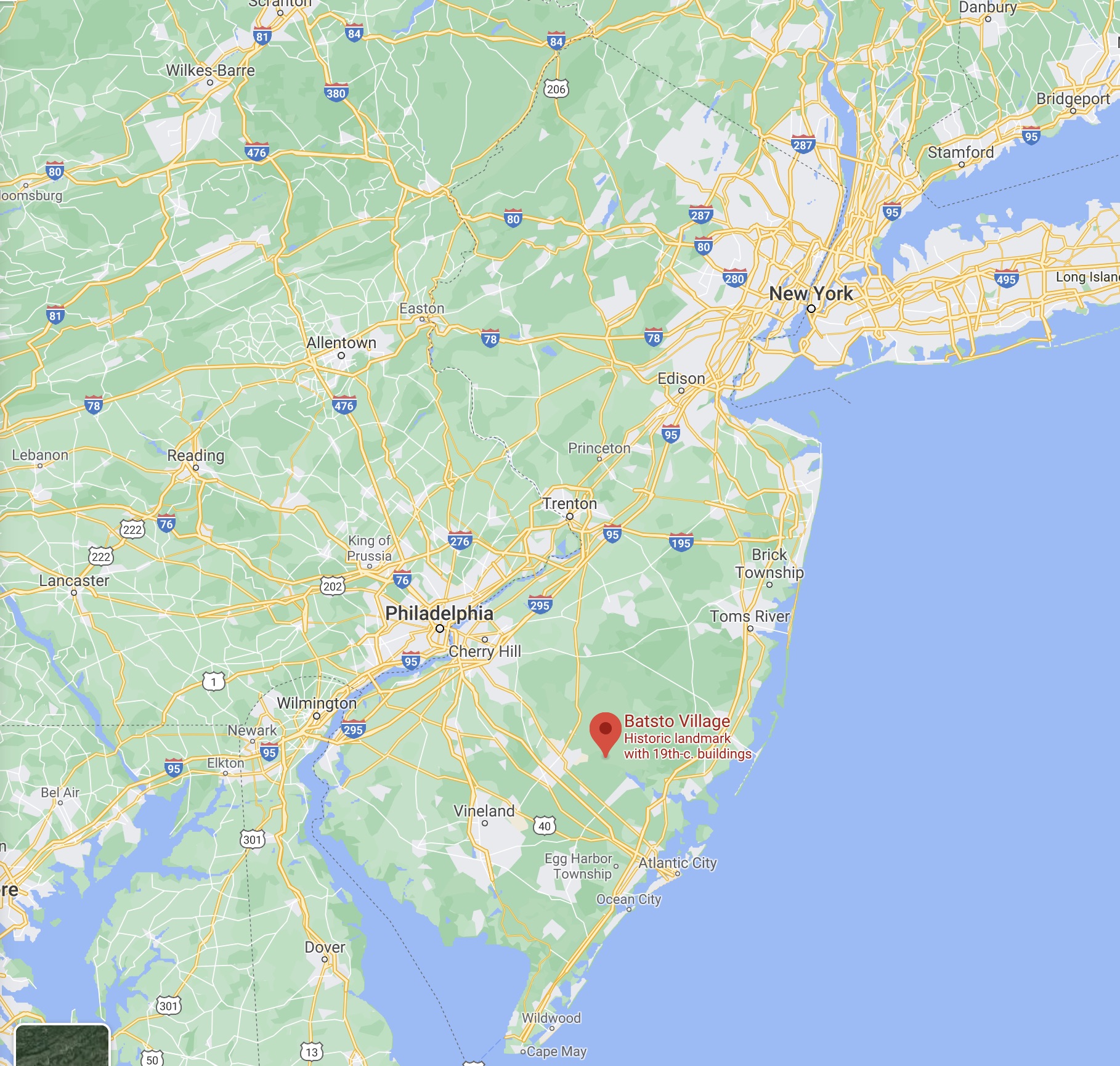 Map of New Jersey with red pin in location of Batsto Village.