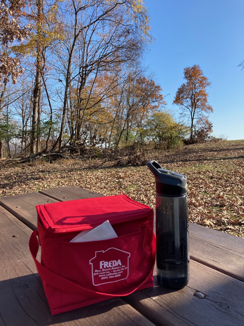 Picnic lunch and water bottle on table.