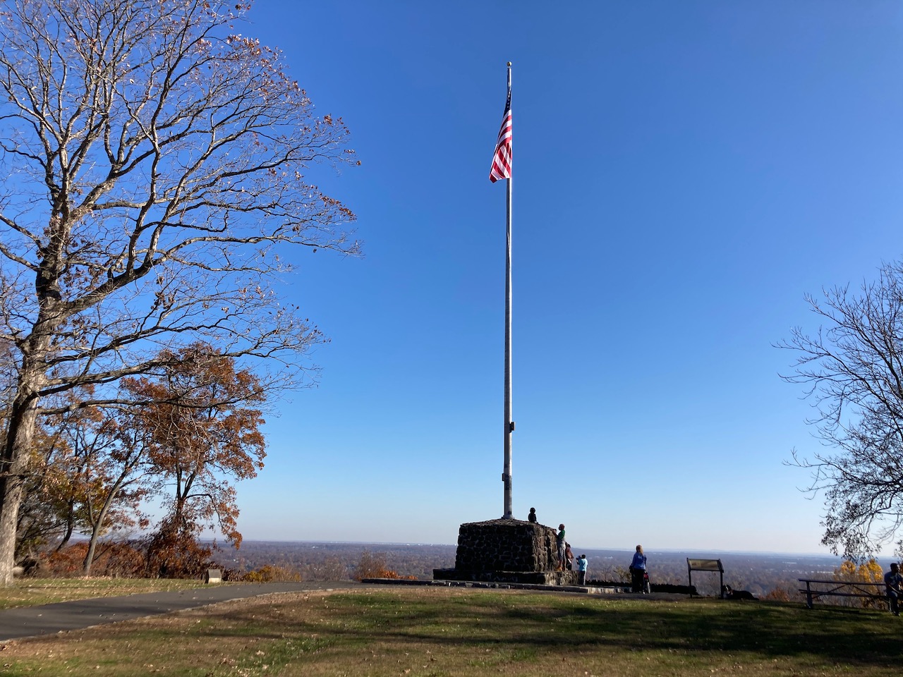 View of marker with flagpole and American flag.